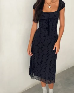 Motel Rocks Printed Dresses | Day Dresses-Clarisse Midi Dress in Mesh Vine Flower Black