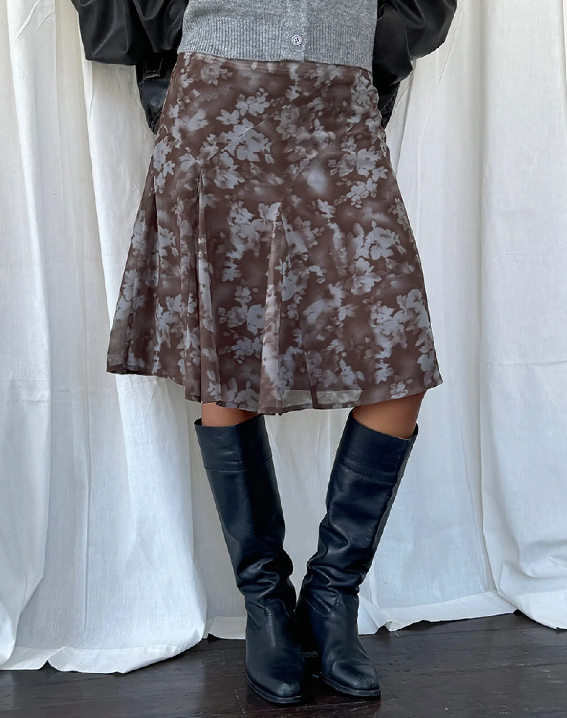 Motel Rocks Printed Skirts | Midi Skirts-Clarita Midi Skirt in Botanical Shadow Brown