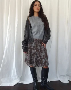 Motel Rocks Printed Skirts | Midi Skirts-Clarita Midi Skirt in Botanical Shadow Brown