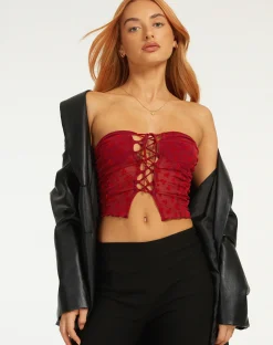 Motel Rocks Bandeau Tops-Claryn Corset Top in Red Flock Mesh RedFlockMesh