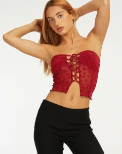 Motel Rocks Bandeau Tops-Claryn Corset Top in Red Flock Mesh RedFlockMesh