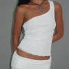 Motel Rocks Going Out Tops-Cochise Seam Detail One Shoulder Mesh Top in Ivory