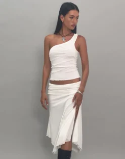 Motel Rocks Going Out Tops-Cochise Seam Detail One Shoulder Mesh Top in Ivory