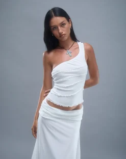 Motel Rocks Going Out Tops-Cochise Seam Detail One Shoulder Mesh Top in Ivory