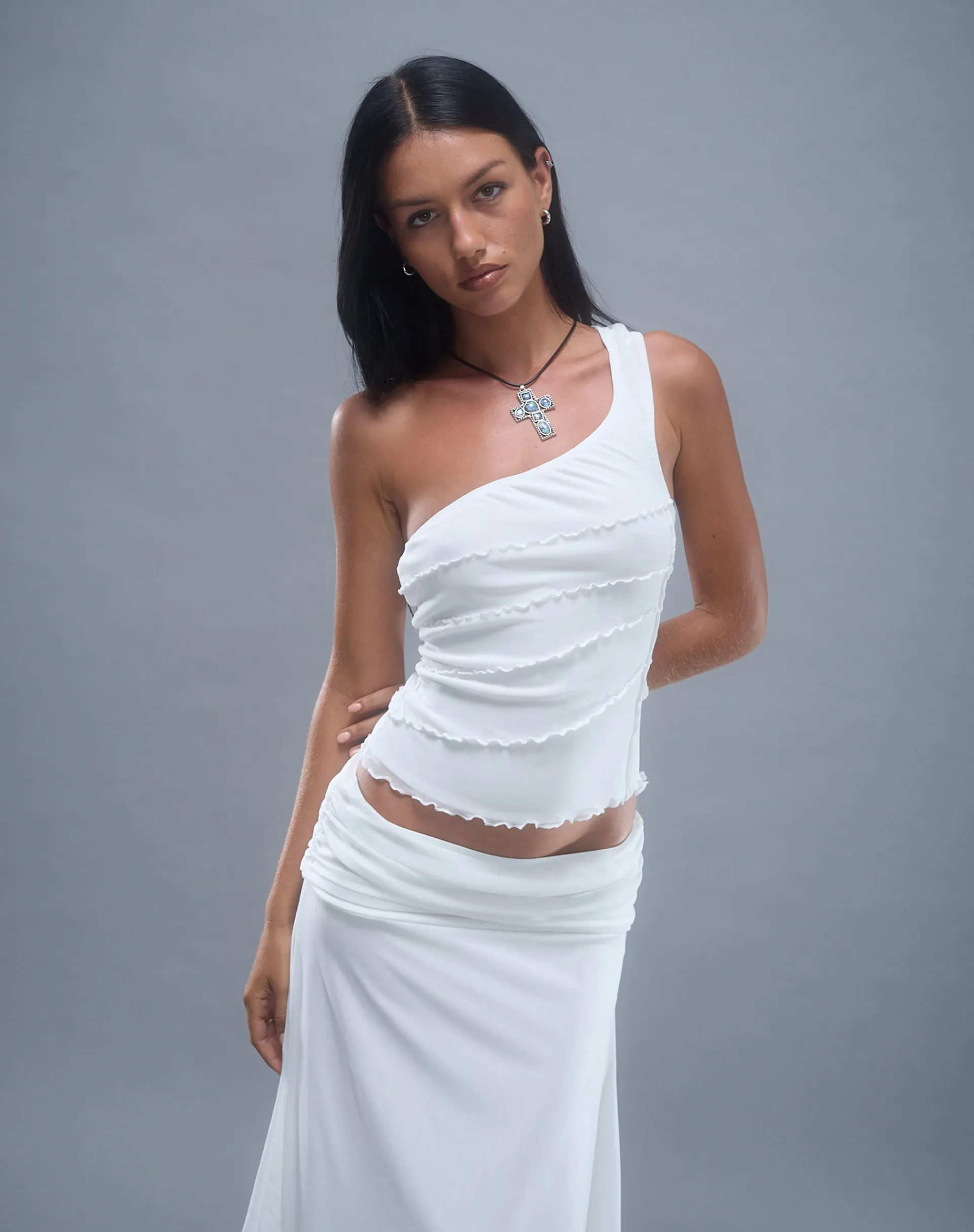 Motel Rocks Going Out Tops-Cochise Seam Detail One Shoulder Mesh Top in Ivory
