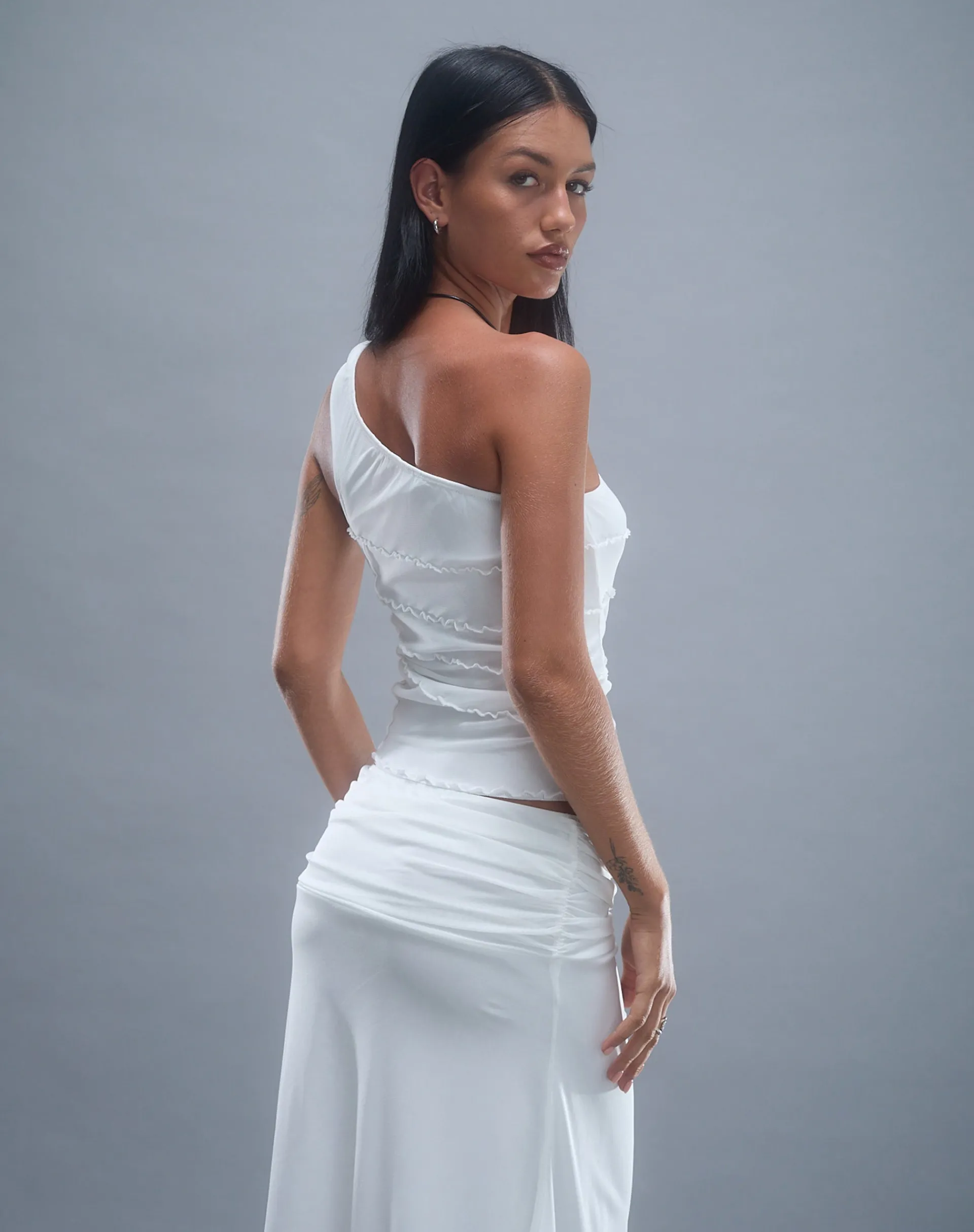 Motel Rocks Going Out Tops-Cochise Seam Detail One Shoulder Mesh Top in Ivory