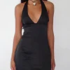 Motel Rocks Little Black Dresses | Party Dresses-Coda Slip Dress in Satin Black SatinBlack