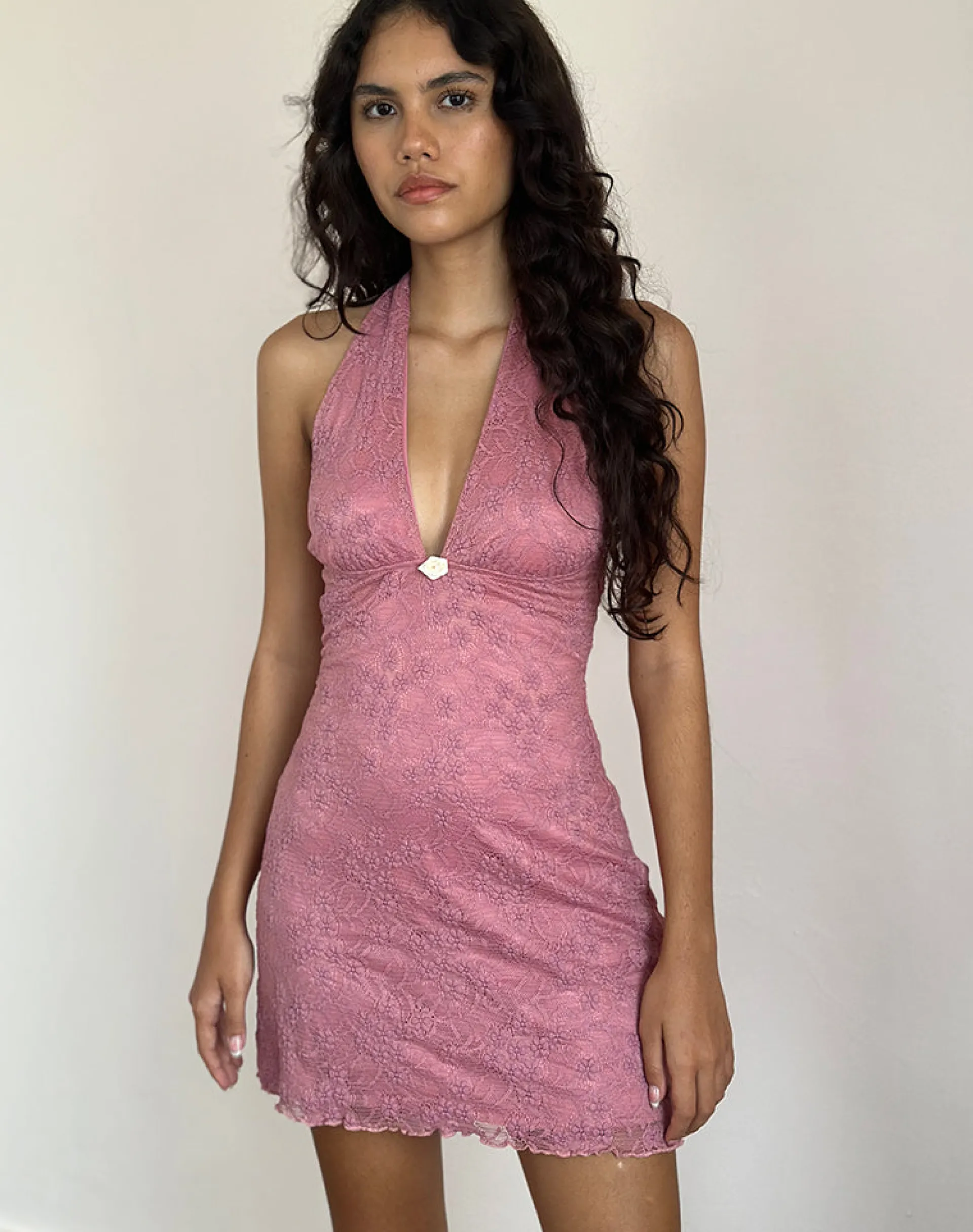 Motel Rocks Day Dresses | Bodycon Dresses-Codami Halterneck Mini Dress in Lace Dusty Rose LaceDustyRose