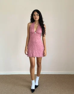 Motel Rocks Day Dresses | Bodycon Dresses-Codami Halterneck Mini Dress in Lace Dusty Rose LaceDustyRose