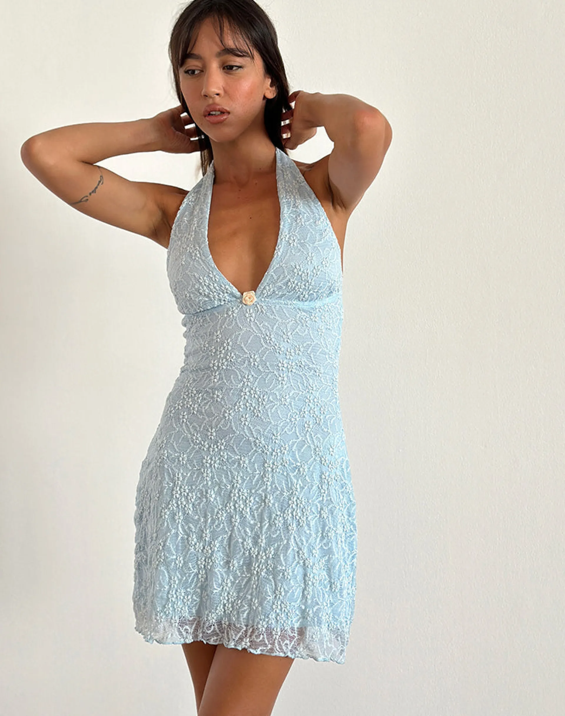 Motel Rocks Bodycon Dresses | Party Dresses-Codami Halterneck Mini Dress in Ice Blue Lace IceBlueLace