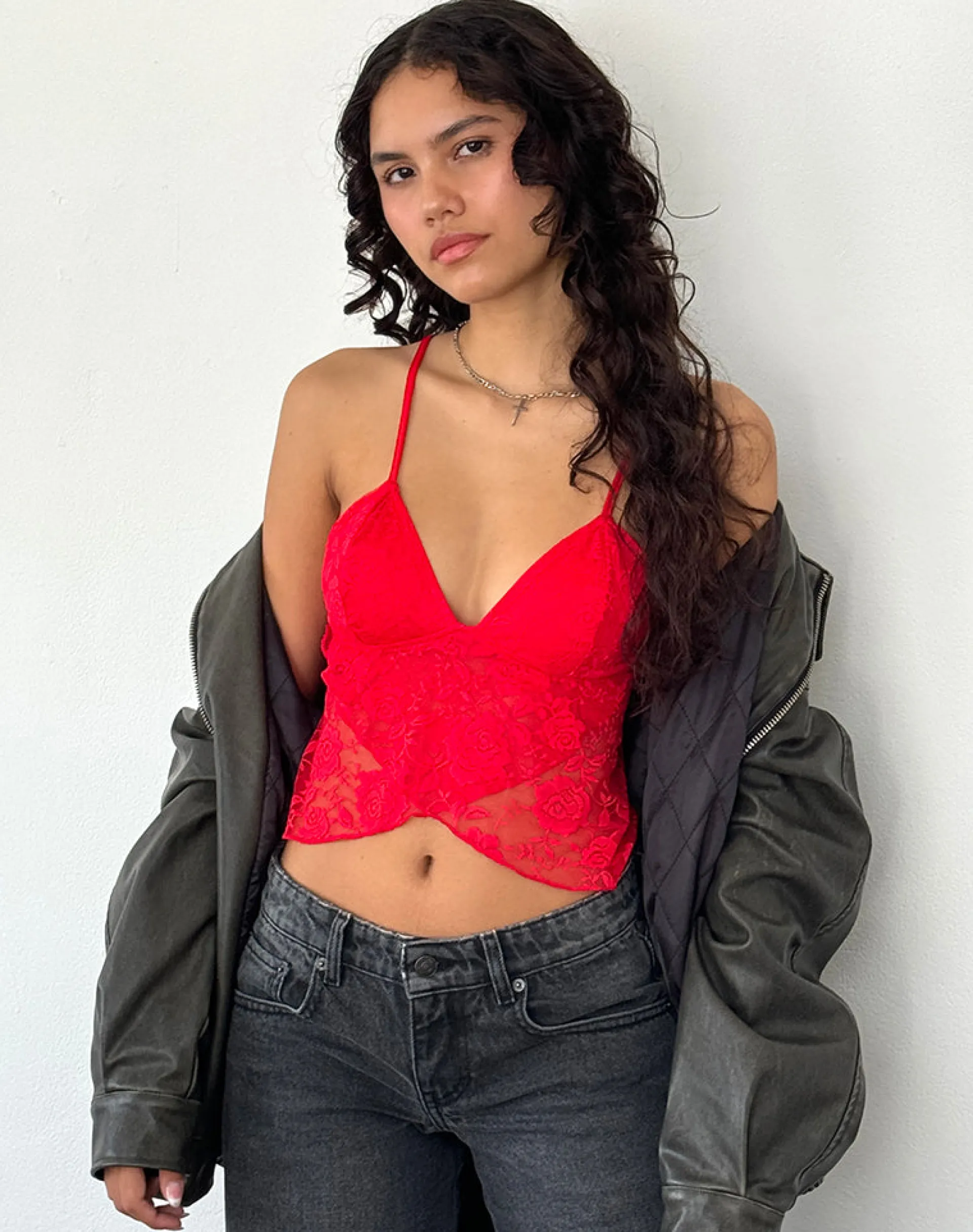 Motel Rocks Strappy Tops | Lace Tops-Cojira Lace Butterfly Top in Big Rose Red
