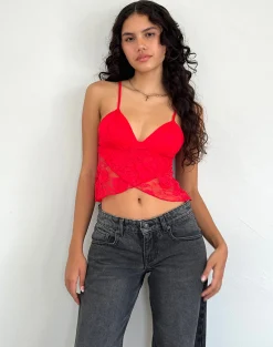 Motel Rocks Strappy Tops | Lace Tops-Cojira Lace Butterfly Top in Big Rose Red