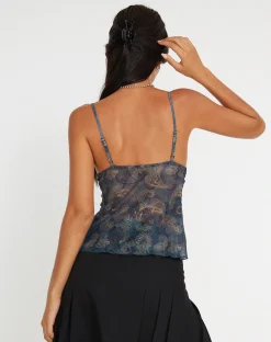 Motel Rocks Printed Tops | Strappy Tops-Cojira Mesh Butterfly Top in Tonal Blue Paisley TonalBluePaisley
