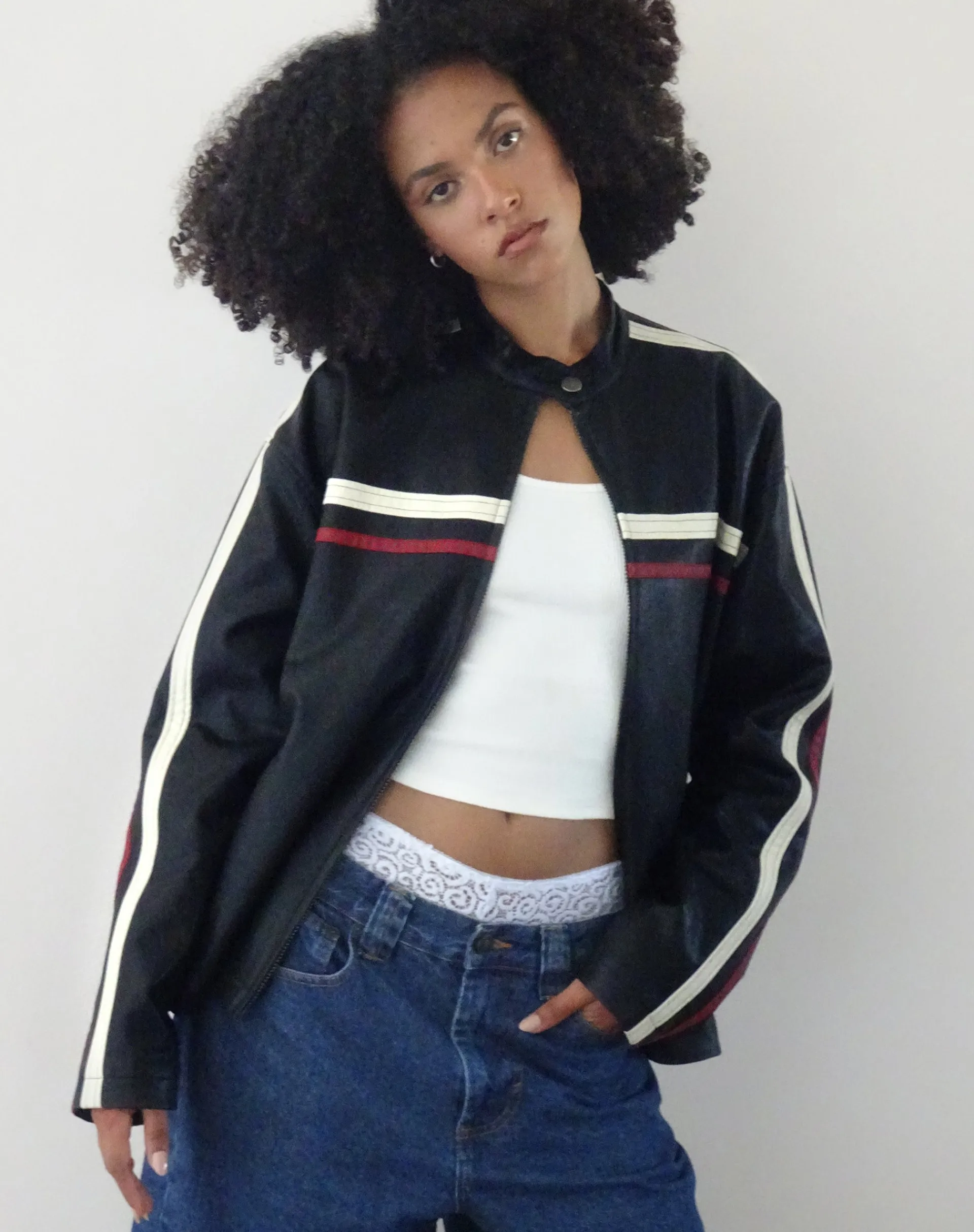 Motel Rocks Pu Jackets-Colton Jacket in PU Black with Ivory and Red Stripe PUBlackwithIvoryandRedStripe