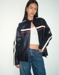 Motel Rocks Pu Jackets-Colton Jacket in PU Black with Ivory and Red Stripe PUBlackwithIvoryandRedStripe