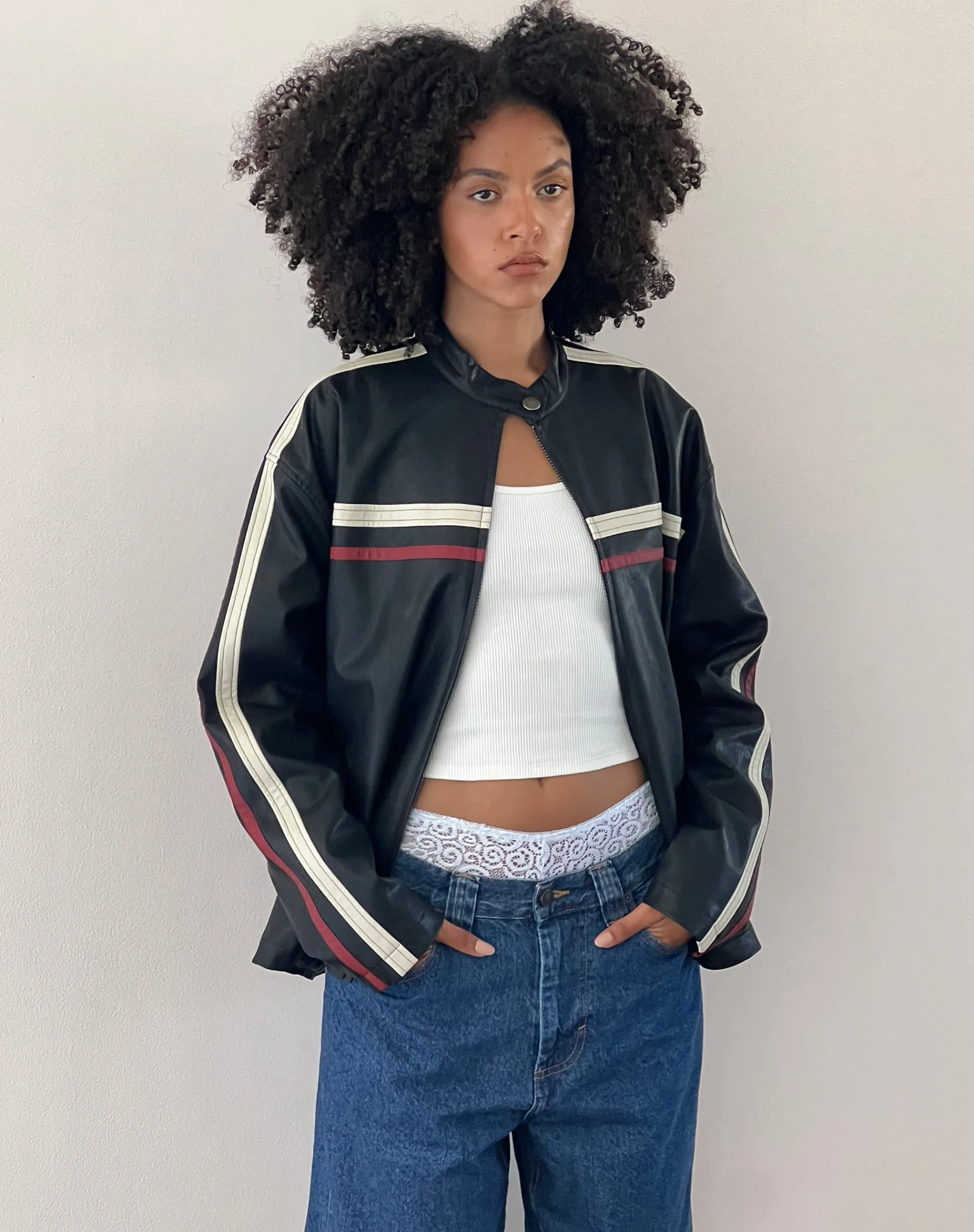 Motel Rocks Pu Jackets-Colton Jacket in PU Black with Ivory and Red Stripe PUBlackwithIvoryandRedStripe