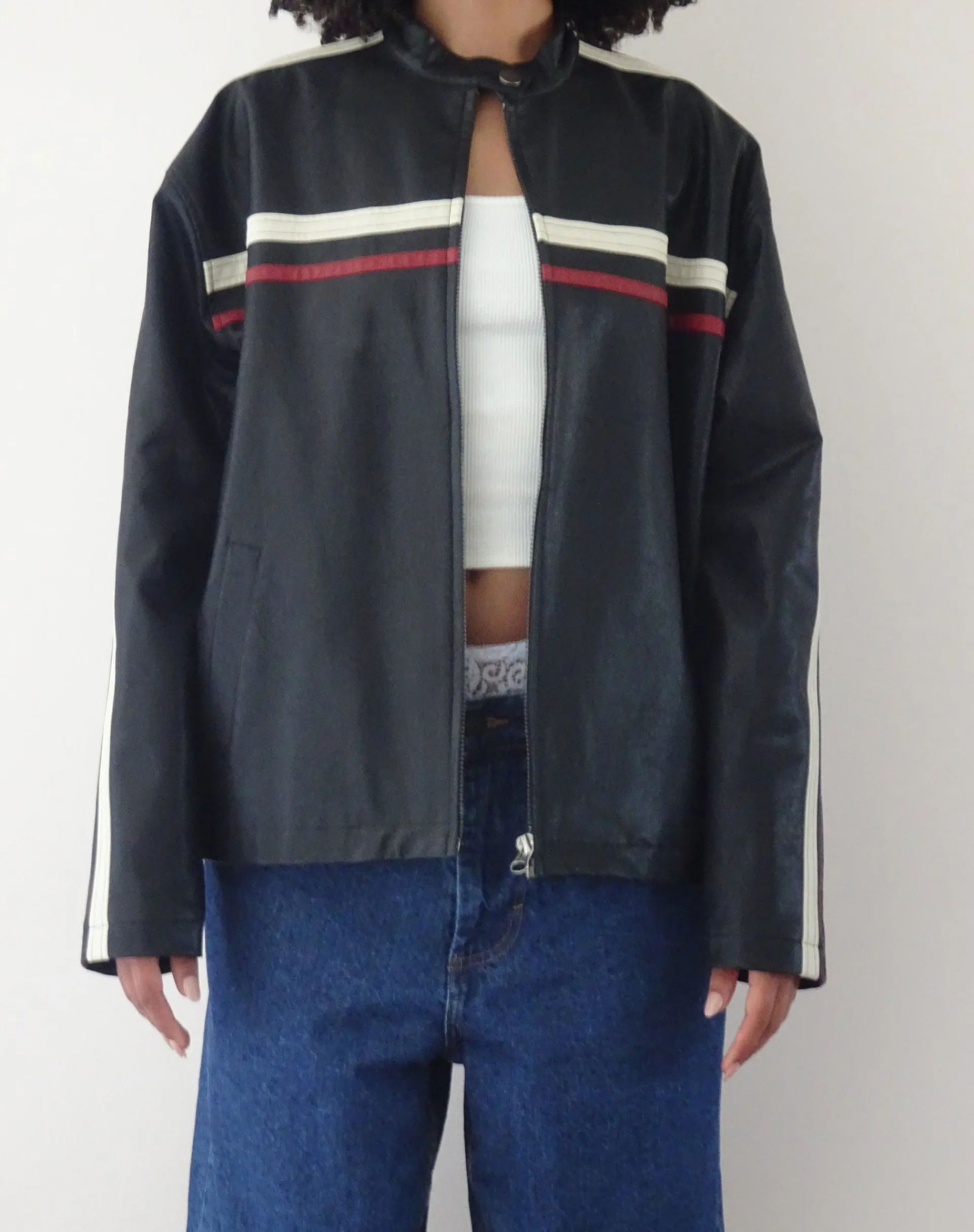 Motel Rocks Pu Jackets-Colton Jacket in PU Black with Ivory and Red Stripe PUBlackwithIvoryandRedStripe