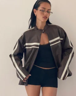 Motel Rocks Jackets-Colton Jacket in PU Chocolate with Ivory Stripe PUChocolate