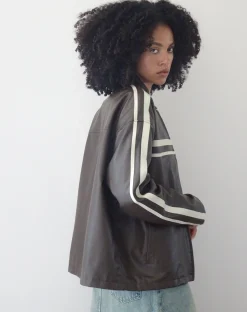 Motel Rocks Jackets-Colton Jacket in PU Chocolate with Ivory Stripe PUChocolate