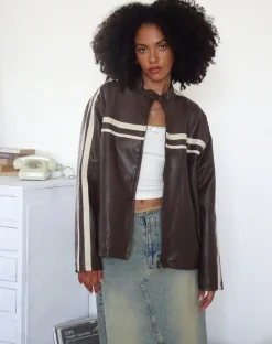 Motel Rocks Jackets-Colton Jacket in PU Chocolate with Ivory Stripe PUChocolate