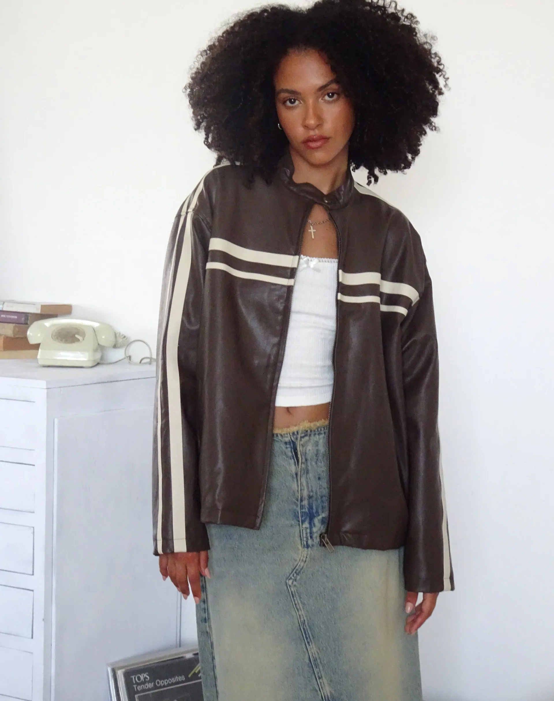 Motel Rocks Jackets-Colton Jacket in PU Chocolate with Ivory Stripe PUChocolate