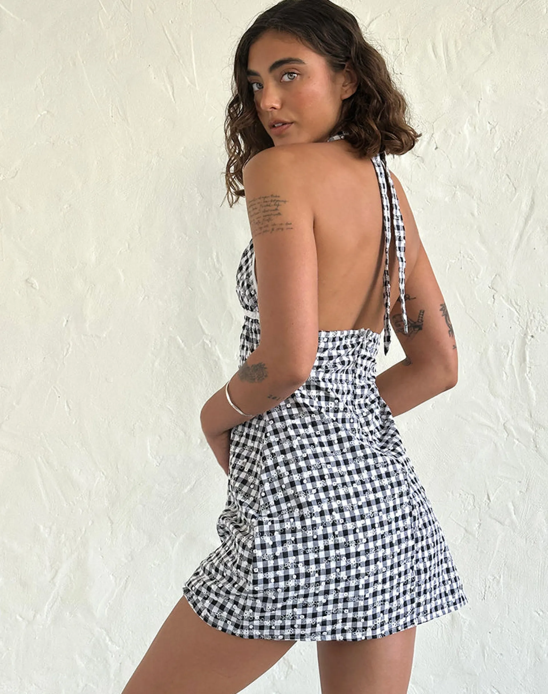 Motel Rocks Basics | Printed Dresses-Corla Mini Dress in Black Floral Gingham BlackFloralGingham