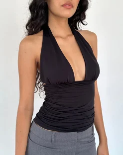 Motel Rocks Halterneck Tops-Cosimo Plunge Halterneck Top in Black Slinky BlackSlinky