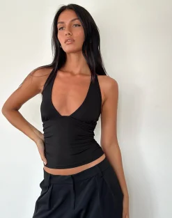 Motel Rocks Halterneck Tops-Cosmo Halterneck Top in Jersey Black JerseyBlack