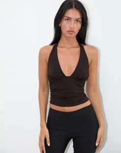 Motel Rocks Halterneck Tops-Cosmo Halterneck Top in Jersey Chocolate Brown JerseyChocolateBrown