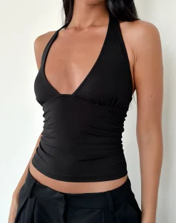 Motel Rocks Halterneck Tops-Cosmo Halterneck Top in Jersey Black JerseyBlack