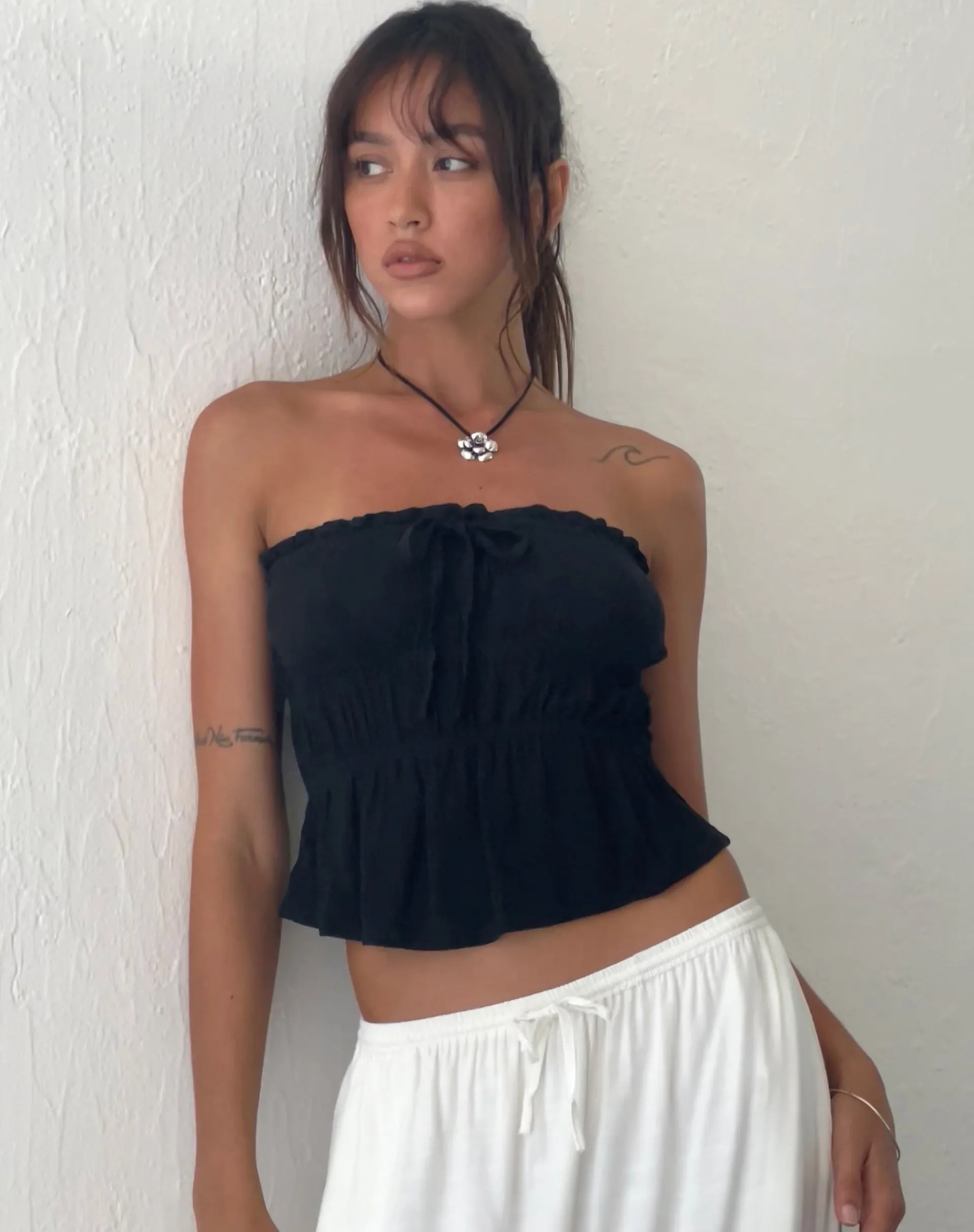 Motel Rocks Bandeau Tops-Cove Bandeau Top in Crinkle Black