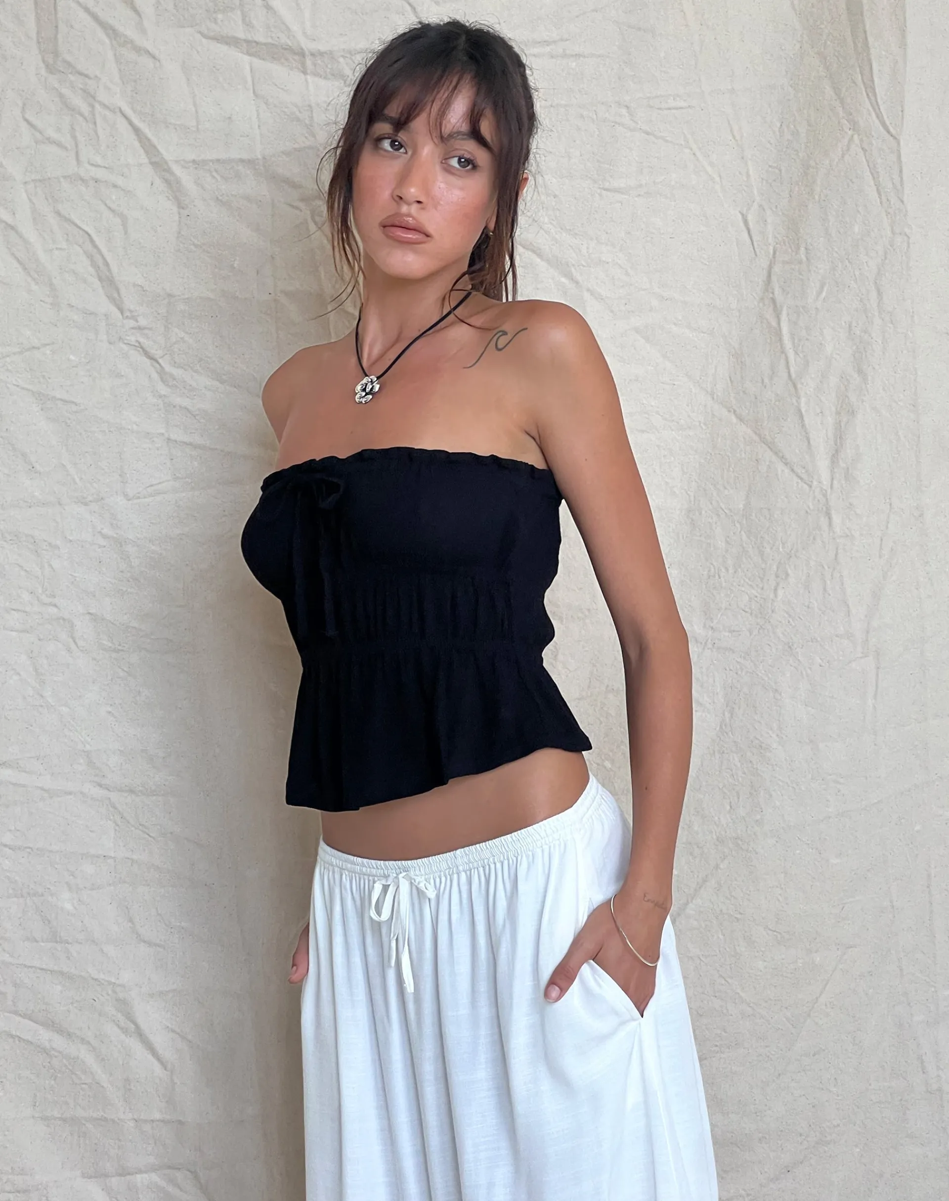 Motel Rocks Bandeau Tops-Cove Bandeau Top in Crinkle Black