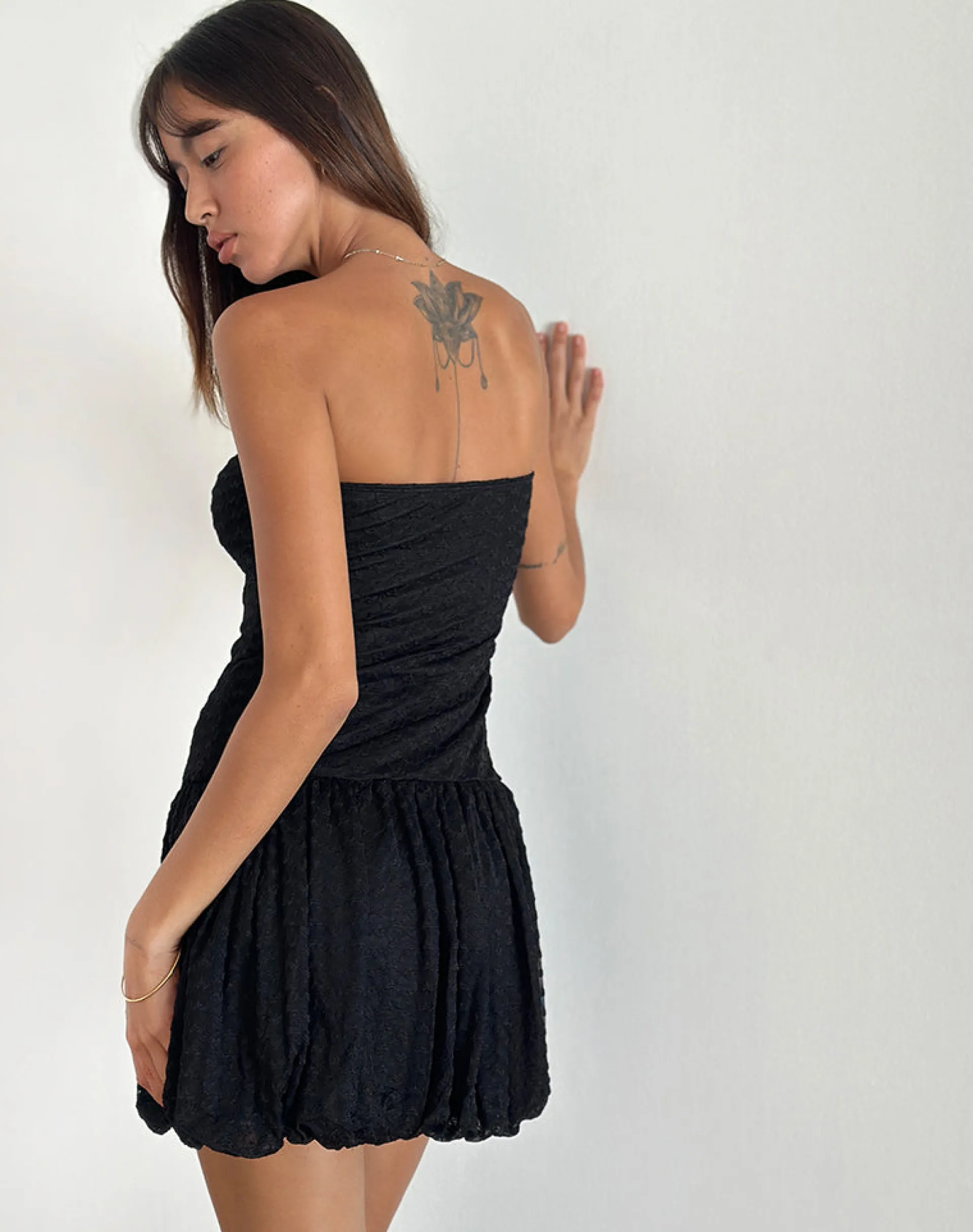 Motel Rocks Printed Dresses | Bandeau Dresses-Cryolan Bandeau Mini Dress in Black Heart Lace BlackHeartLace