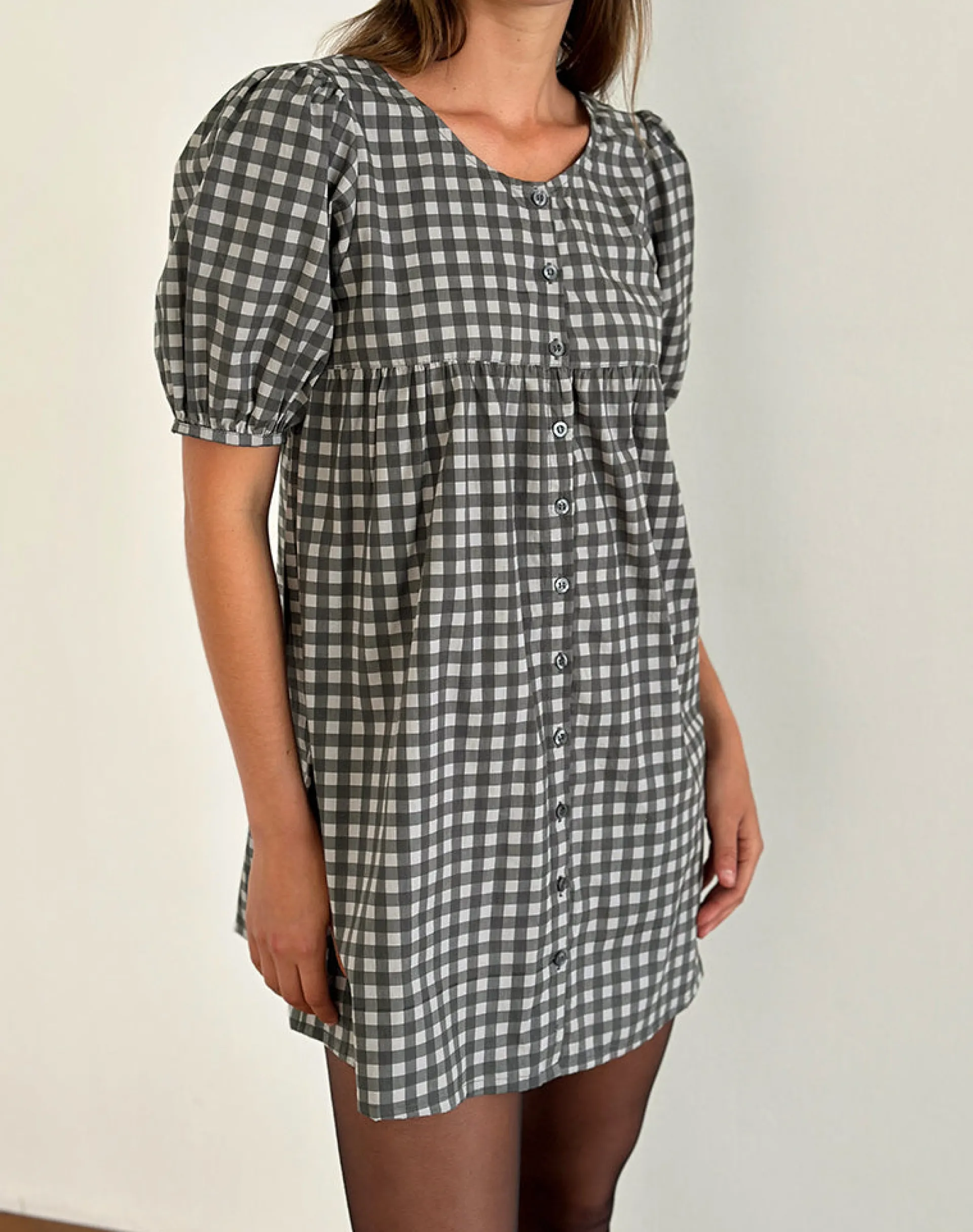 Motel Rocks Tailoring | Printed Dresses-Cybera Mini Dress in Tonal Gingham Black and Grey