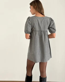 Motel Rocks Tailoring | Printed Dresses-Cybera Mini Dress in Tonal Gingham Black and Grey