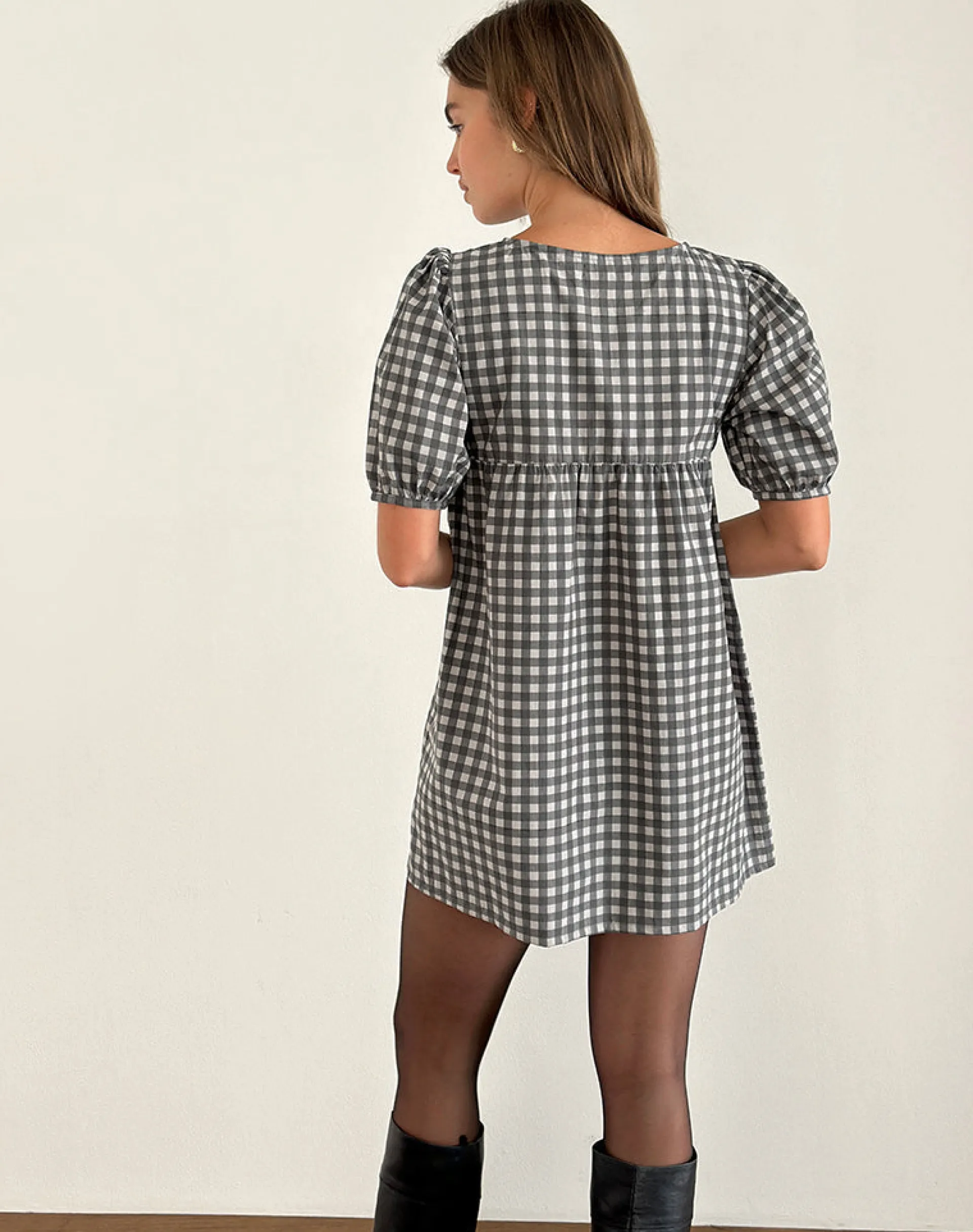 Motel Rocks Tailoring | Printed Dresses-Cybera Mini Dress in Tonal Gingham Black and Grey