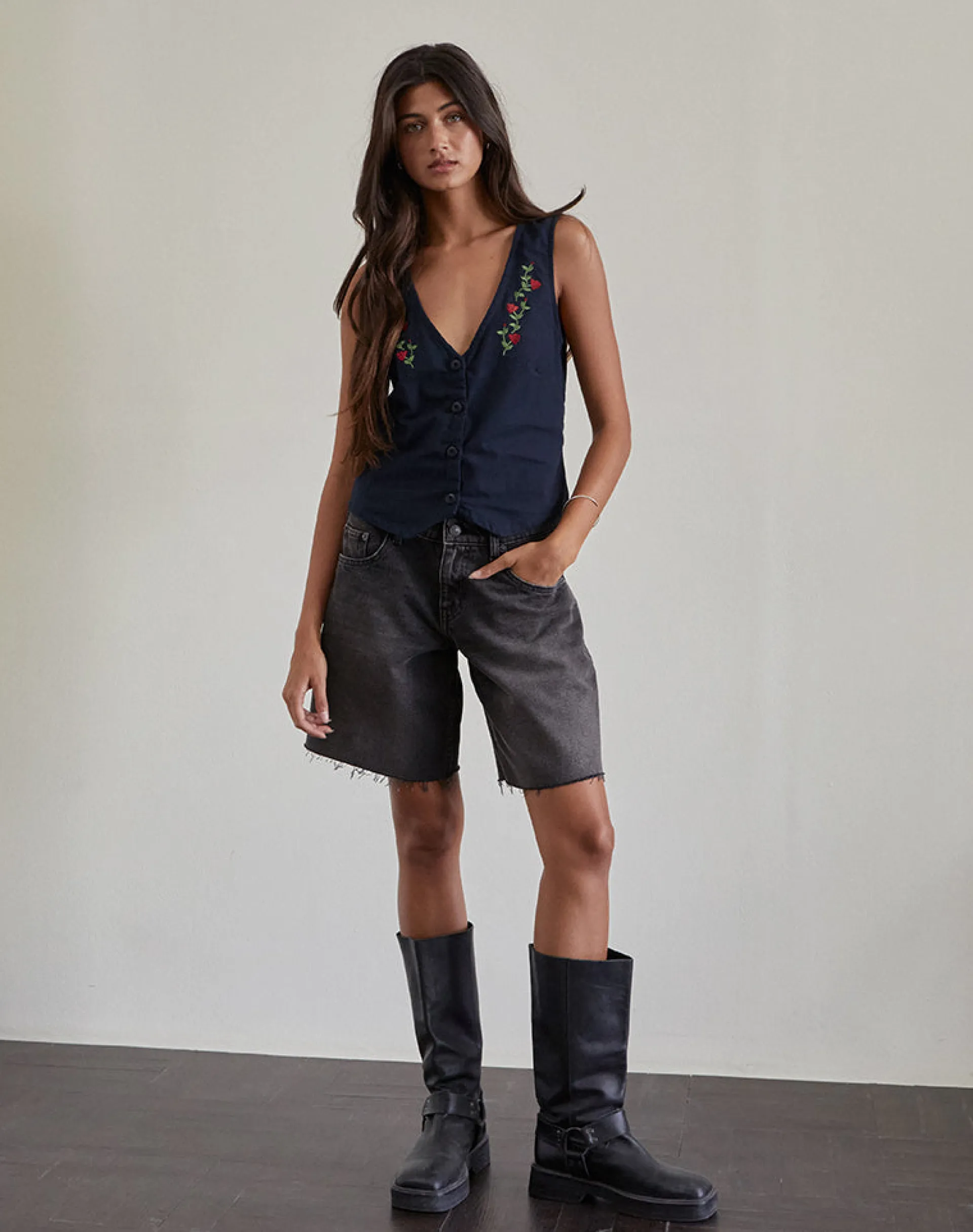 Motel Rocks Tailoring | Vest Tops-Cyna Button Through Vest in Tapshoe with Rose Embroidery TapshoewithRoseEmbroidery