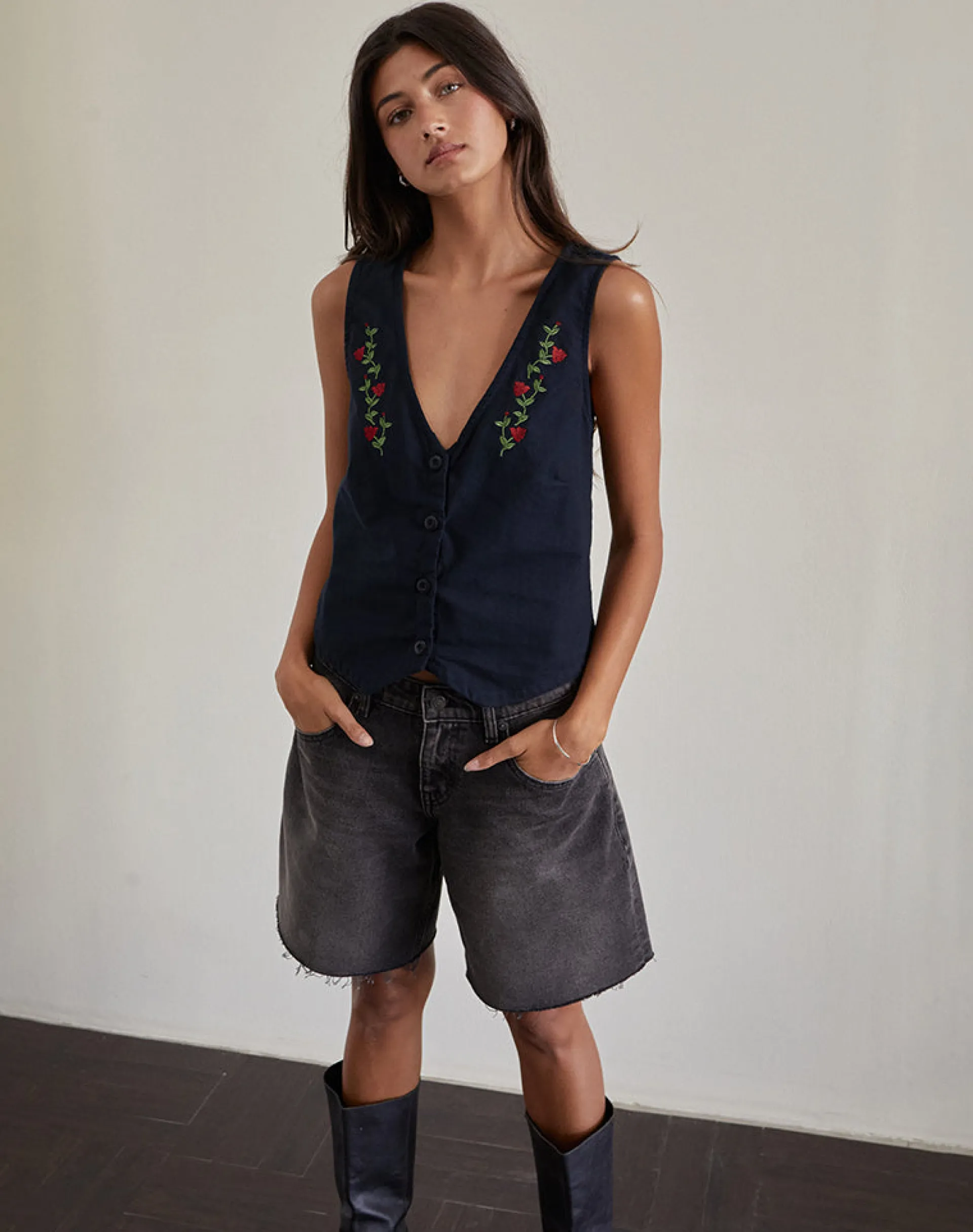 Motel Rocks Tailoring | Vest Tops-Cyna Button Through Vest in Tapshoe with Rose Embroidery TapshoewithRoseEmbroidery