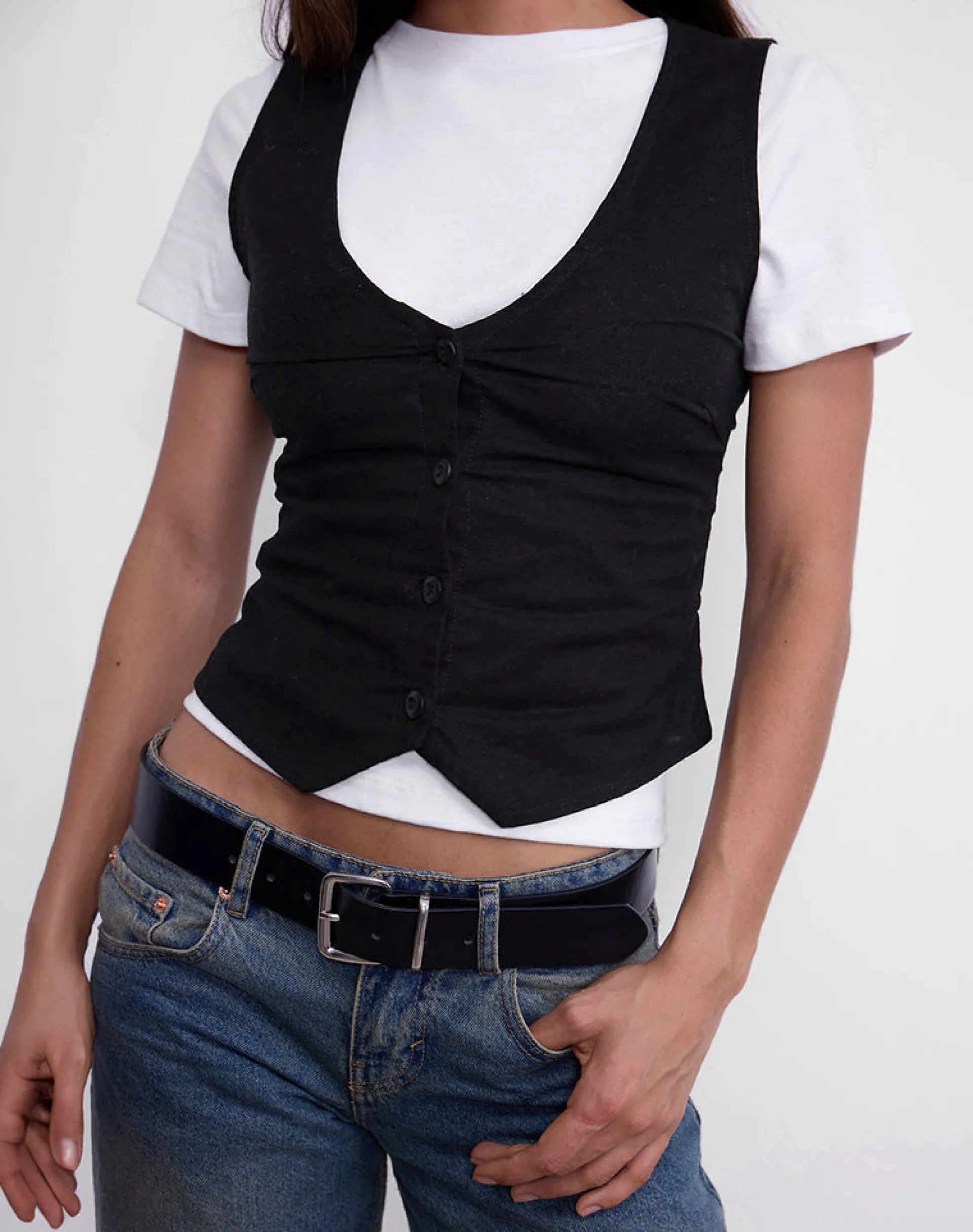 Motel Rocks Tailoring | Co-Ords-Cyna Button Through Vest Top in Black Linen BlackLinen