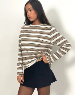 Motel Rocks Basics | Basic Tops-Dafika Long Sleeve Jersey Top in Brown and White Stripe