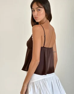 Motel Rocks Corset Tops | Lace Tops-Dalinda Cami Top in Brown with Pink Rosette BrownwithPinkRosette