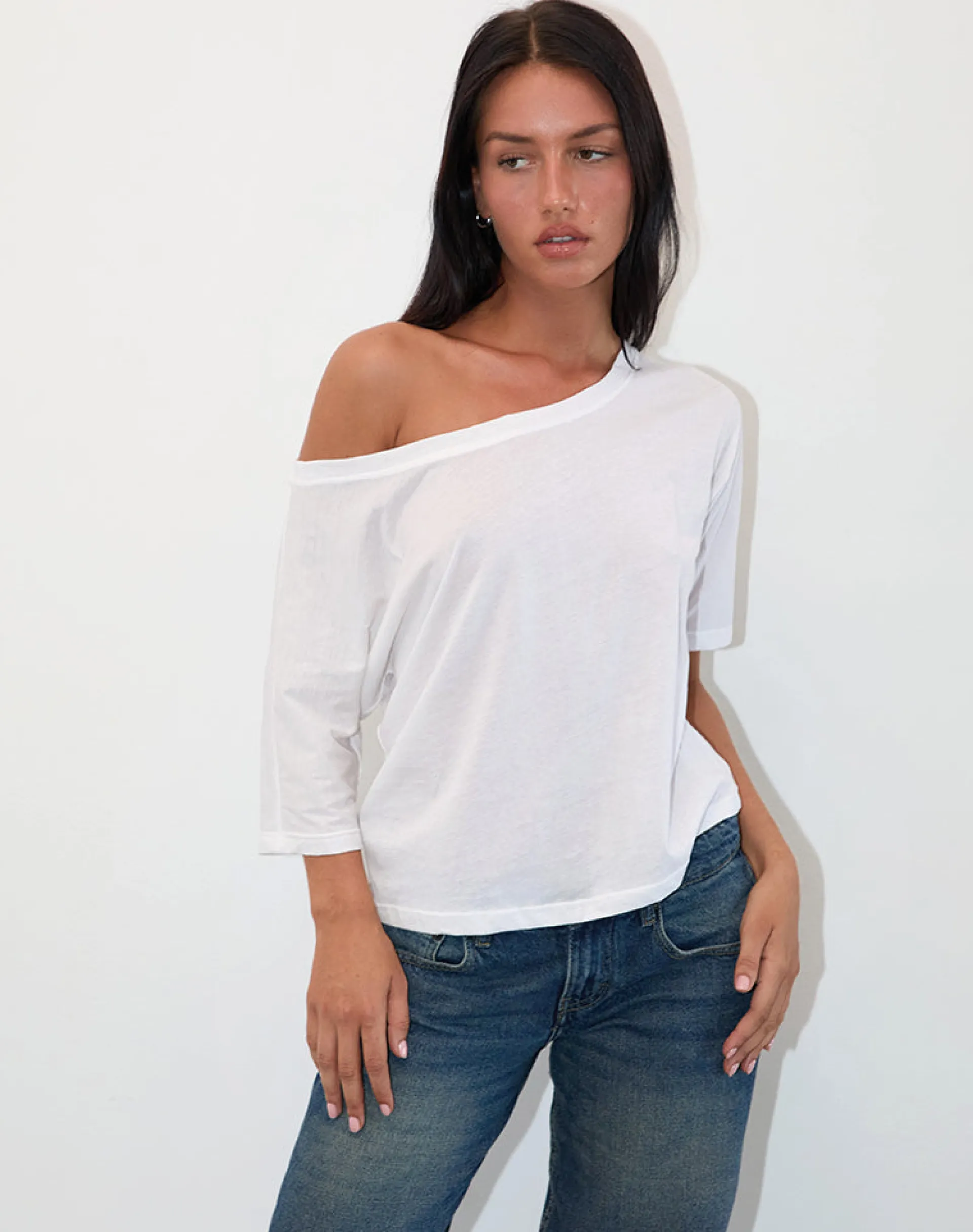 Motel Rocks Loungewear | Basic Tops-Daman Off Shoulder Basic Jersey Top in White