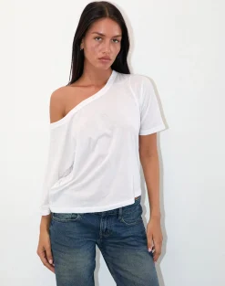 Motel Rocks Loungewear | Basic Tops-Daman Off Shoulder Basic Jersey Top in White