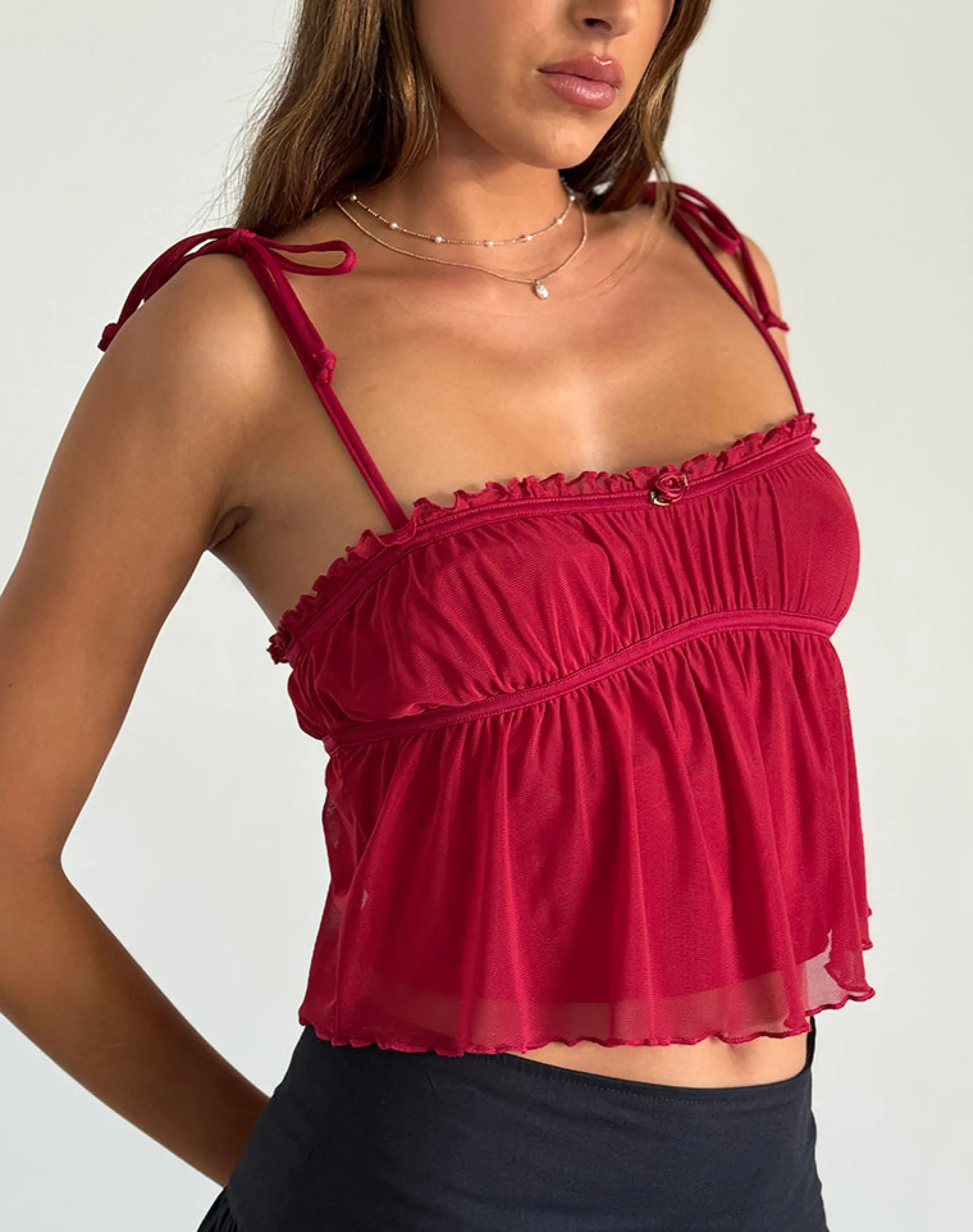 Motel Rocks Strappy Tops | Crop Tops-Damaris Cami Top in Red Cherry with Red Binding RedCherrywithRedBinding