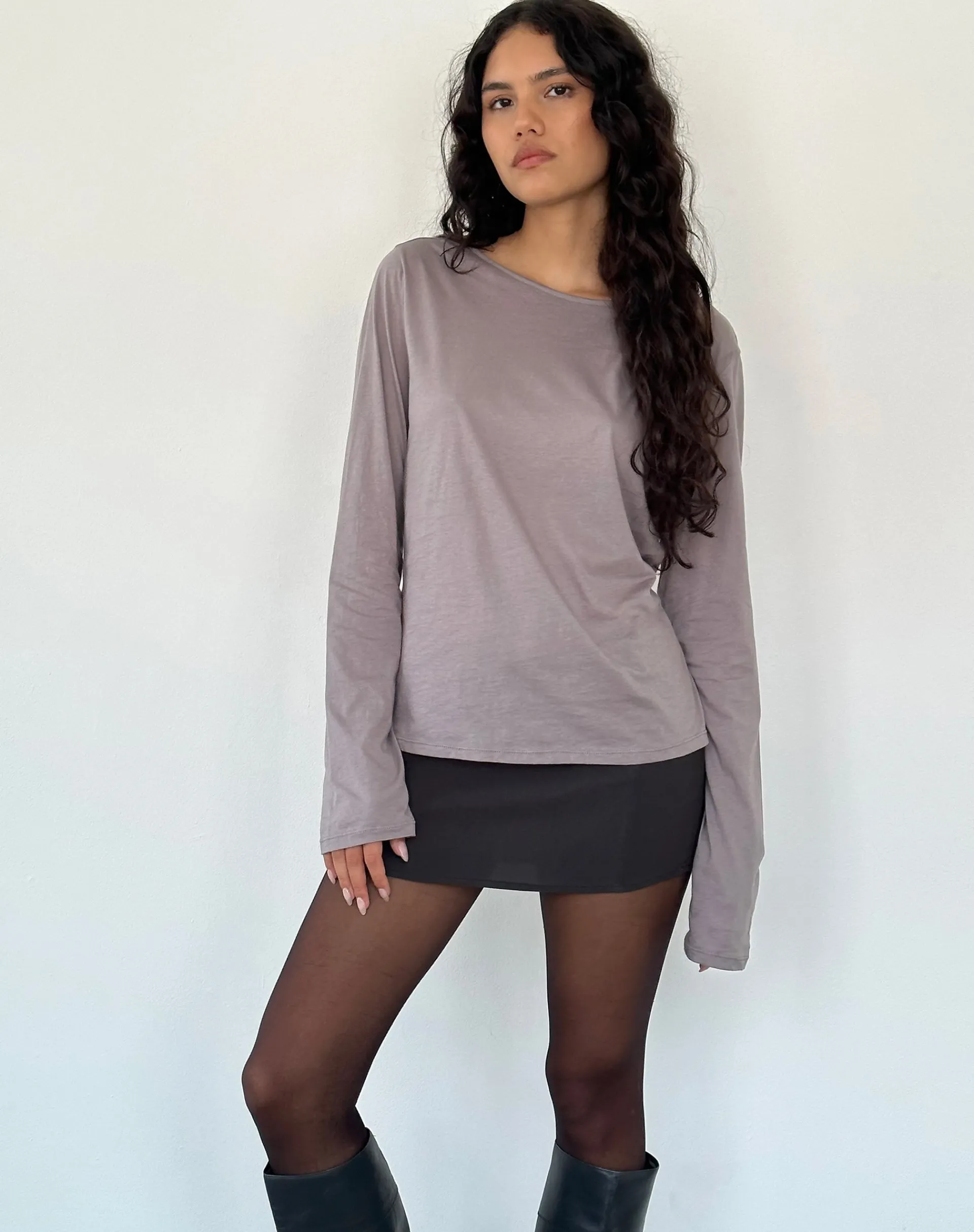 Motel Rocks Basics | Basic Tops-Damon Baggy Long Sleeve Top in Elephant Grey Tissue Jersey ElephantGreyTissueJersey