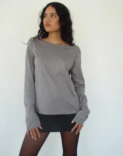 Motel Rocks Basics | Basic Tops-Damon Baggy Long Sleeve Top in Elephant Grey Tissue Jersey ElephantGreyTissueJersey