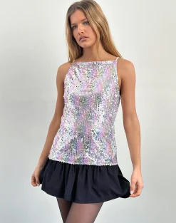 Motel Rocks Vest Tops | Strappy Tops-Damske Vest Top in Clear Sequin Iridescent ClearSequinIridescent
