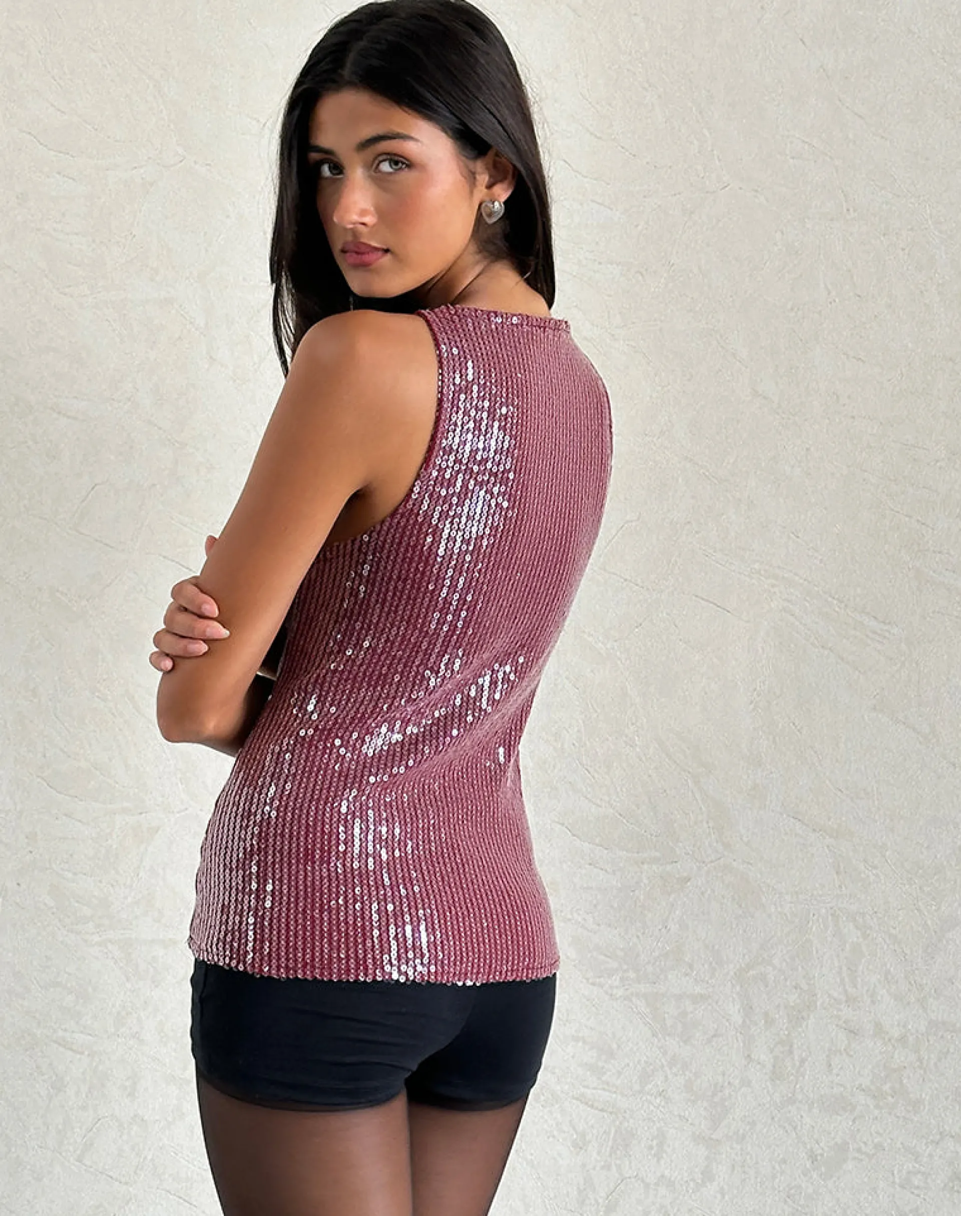 Motel Rocks Vest Tops | Sequin Tops-Damske Vest Top in Clear Sequin Maroon ClearSequinMaroon