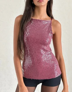 Motel Rocks Vest Tops | Sequin Tops-Damske Vest Top in Clear Sequin Maroon ClearSequinMaroon