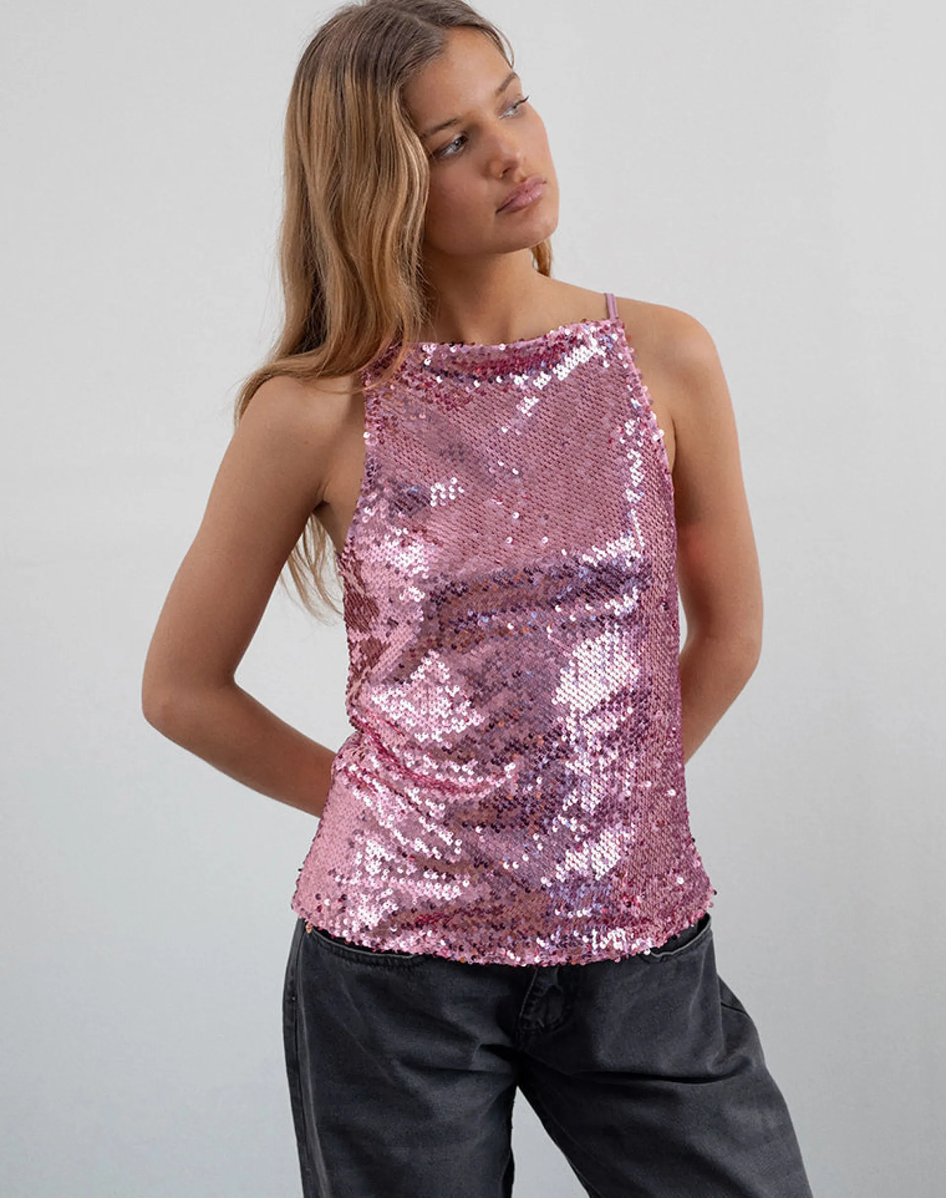 Motel Rocks Vest Tops | Sequin Tops-Damske Vest Top in Pink Sequin PinkSequin